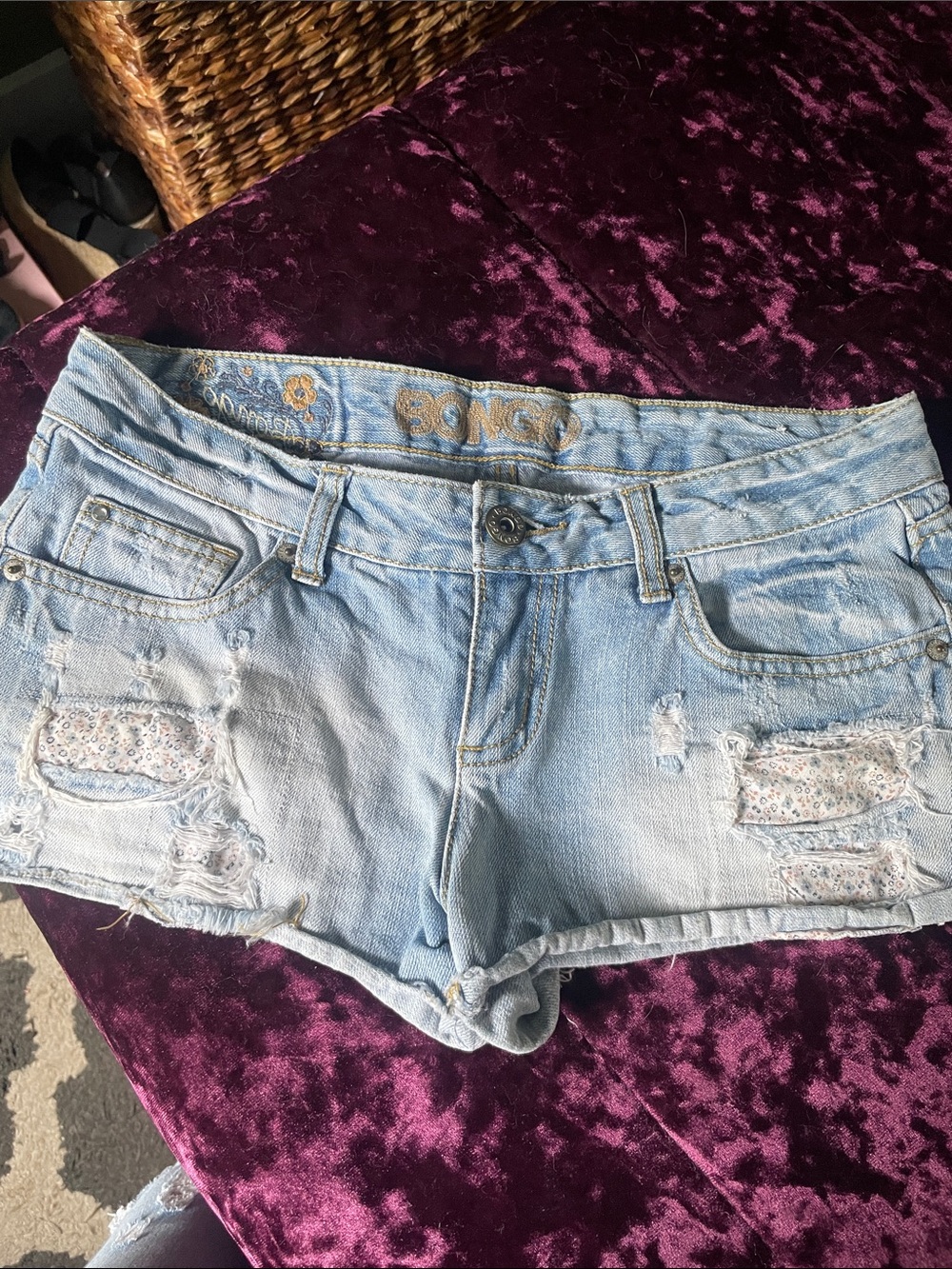 BONGO Light Blue Distressed Jean Shorts with Floral Patches